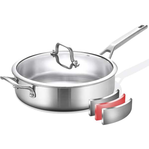 5 QT Stainless Steel Saute Pan with Lid Tri-Ply Deep Skillet 12 Inch Induction Compatible Even Heating Durable