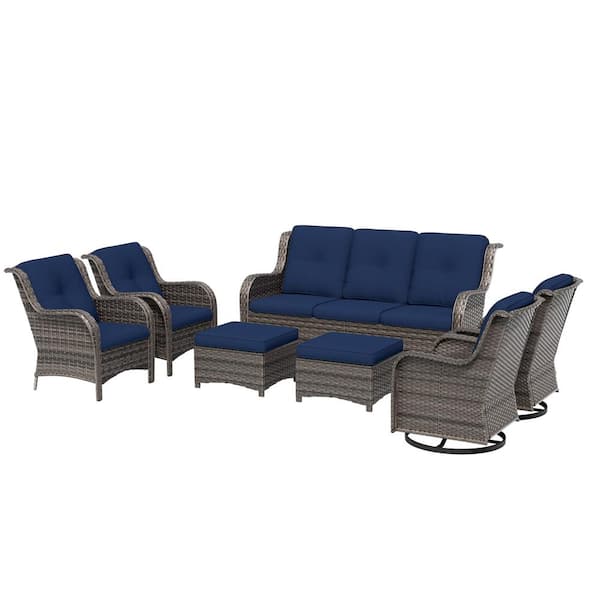 Brown 7-Piece Wicker Outdoor Patio Conversation Set Sectional Sofa with Blue Cushions