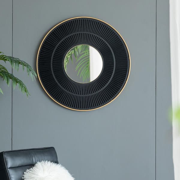 Golden Black 31.5 in. W x 31.5 in. H Art Deco Round MDF Framed Mirror Wall Mirror Wall Decor Mirror