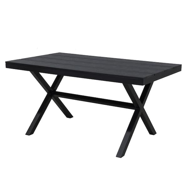 Mondawe Black Rectangular Plastic Wood Outdoor Dining Table Side Table with Imitation Wood Grain Pattern