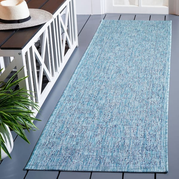 Courtyard 2 ft. x 8 ft. Aqua/Navy Indoor/Outdoor Oriental Runner Rug