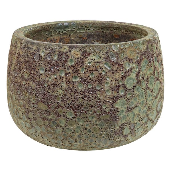 Sunnydaze 14 in. (35.6 cm) Round Lava Finish Ceramic Planter - Green Distressed Ceramic