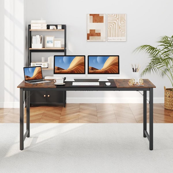 63 in. Rectangle Brown Computer Desk Modern Industrial Office Desk w/ Metal Frame & Large Executive Desk