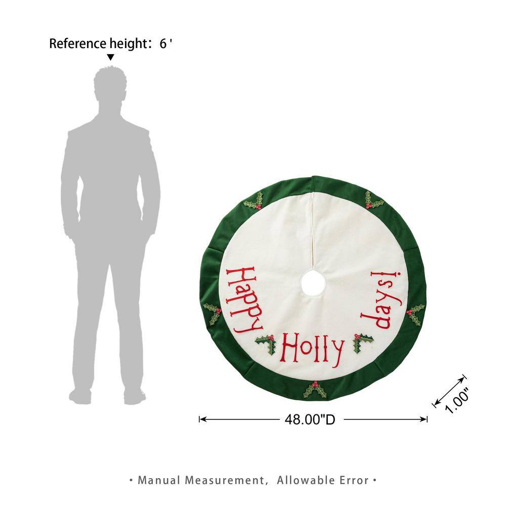 48" Green and White Felt Christmas Tree Skirt with Holly Leaves