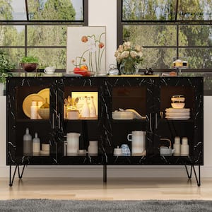 Marble Wood Grain Storage Cabinet in Black With Bluetooth, LED Lights, Tempered Glass Doors, Adjustable Shelves