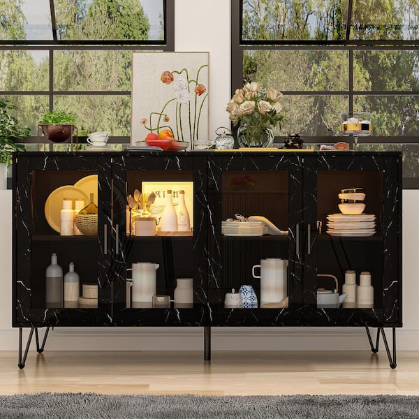 FUFU&GAGA Marble Wood Grain Storage Cabinet in Black With Bluetooth, LED Lights, Tempered Glass Doors, Adjustable Shelves