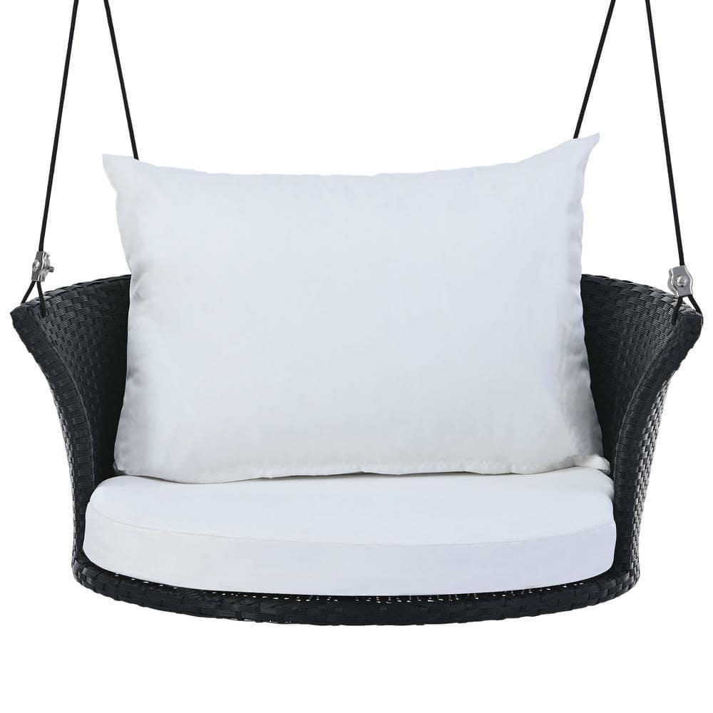 33.8 in. Black White Single Person Wicker Rattan Woven Hanging Porch Swing 