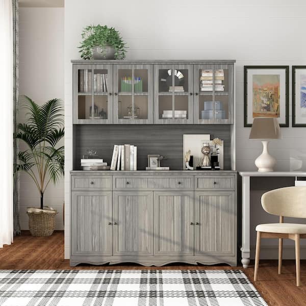 8-Shelves Gray Wooden Modern Bookcase Bookshelf with 3-Drawer, Glass Doors, Adjustable Shelves (61.2 in.W x 75.9 in.H)