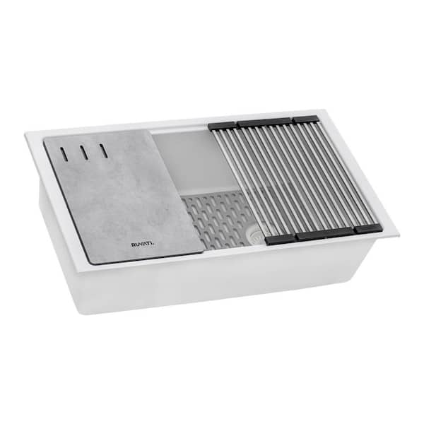 epiStage 33 in. Undermount SIngle Bowl Workstation Kitchen Sink in Arctic White Granite Composite with Offset Drain