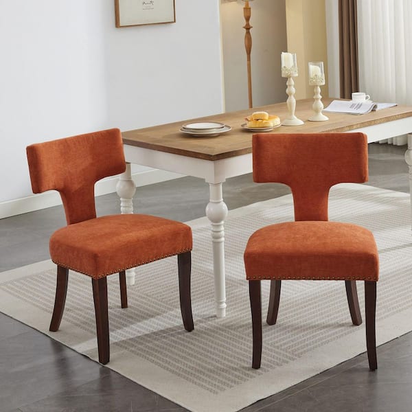 Orange Modern Dining Chairs Set of 2, Farmhouse Upholstered Accent Chairs with Curved Backrest, Solid Hardwood Frame