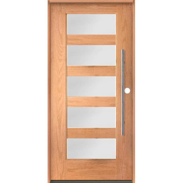 Krosswood Doors ASCEND Modern Faux Pivot 36 in. x 80 in. 5 Lite Left-Hand/Inswing Satin Glass Teak Stain Fiberglass Prehung Front Door