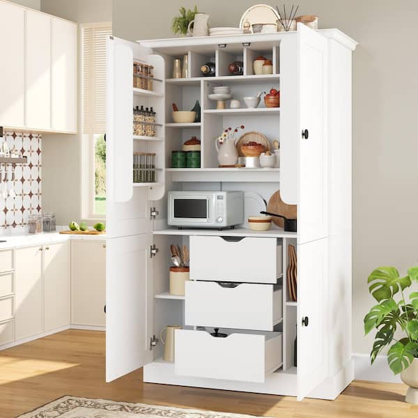 White Wood 70.9 in. Tall Kitchen Pantry Storage Cabinet with 4-Doors, 3-Drawers and 6-Door Shelves