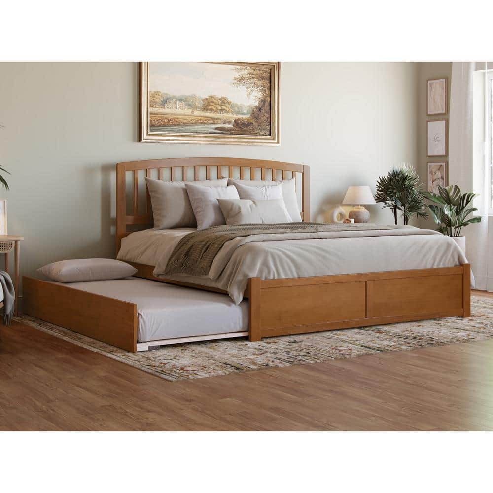 Light Toffee King Wood Platform Bed with Slats and Headboard