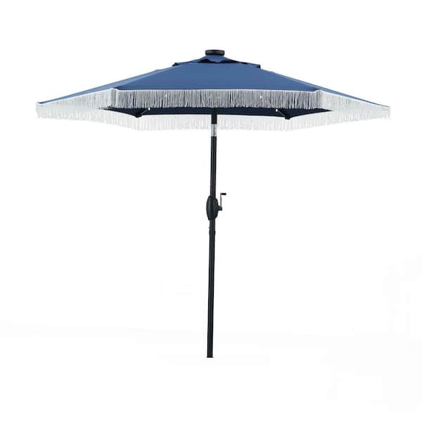 OVASTLKUY 7 ft. Outdoor Patio Led Lighted Umbrella in Navy Blue with Push Button Tilt and Tassel Design
