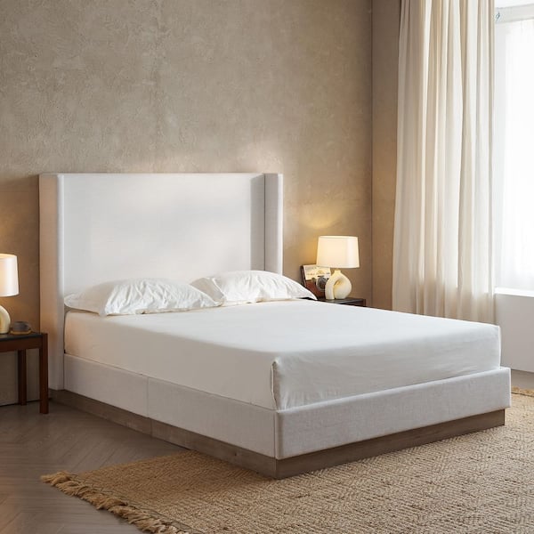 Duncan Ivory White Chenille Fabric Upholstered Metal Frame Full Platform Bed with High Wingback Headboard