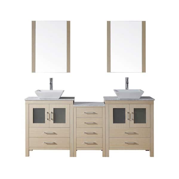 Virtu USA Dior 74 in. Double Vanity in Light Oak with Marble Vanity Top in White and Mirrors