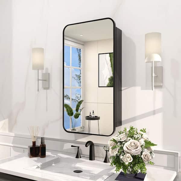 15 in. W x 24 in. H Rectangular Framed Recessed/Surface Mount Medicine Cabinet with Mirror in Matte Black