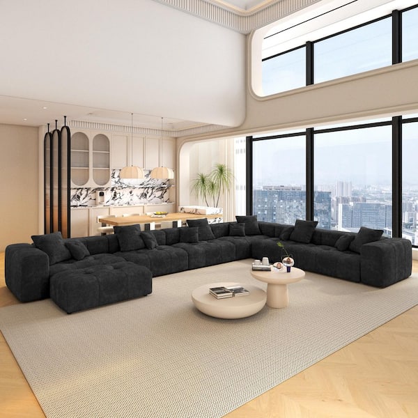 7-Piece Linen Modular Living Room Suite with Oversized Sectional Seating, 184 in. W, Black