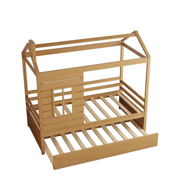 wetiny Yellow Natural Wood Frame Twin Platform Bed with Trundle