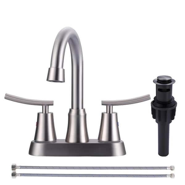 WOWOW 4 in. Double Handle Centerset Bathroom Sink Faucet with Pop Up Drain in Brushed Nickel