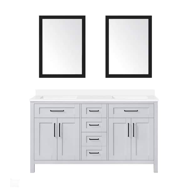 OVE Decors Tahoe III 60 in. W x 21 in. D x 35 in. H Single Sink Bath Vanity in Dove Gray with White Quartz Top and Black Mirror