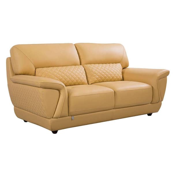 Benjara 39 in. Yellow Solid Leather 2-Seater Loveseat with Attached Lumbar Cushion