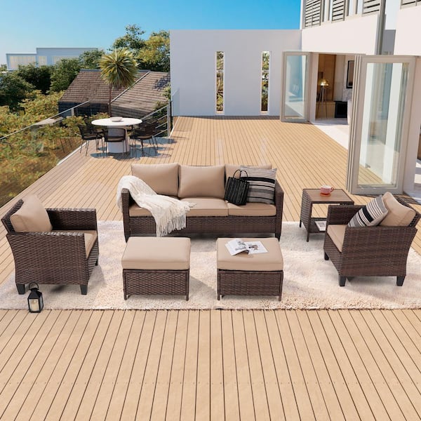 6-Piece Patio Sofa Set Brown Wicker Outdoor Furniture Set with Coffee Table, Sand