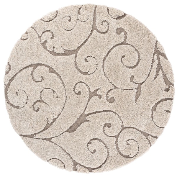 Florida Shag 10 ft. x 10 ft. Round Cream/Beige High-Low Floral Area Rug