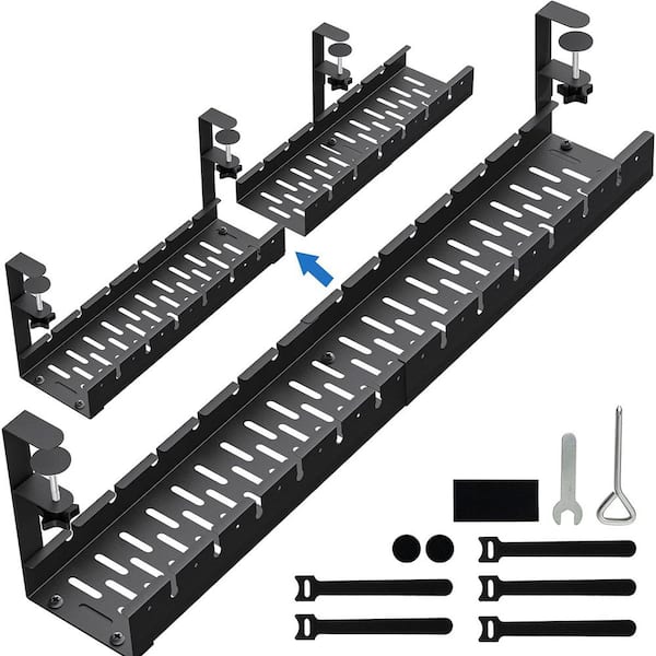 31 in. Extendable Metal Under Desk Cable Management Tray, Modern Retractable Power Strip Cord Holder with Clamp, Black