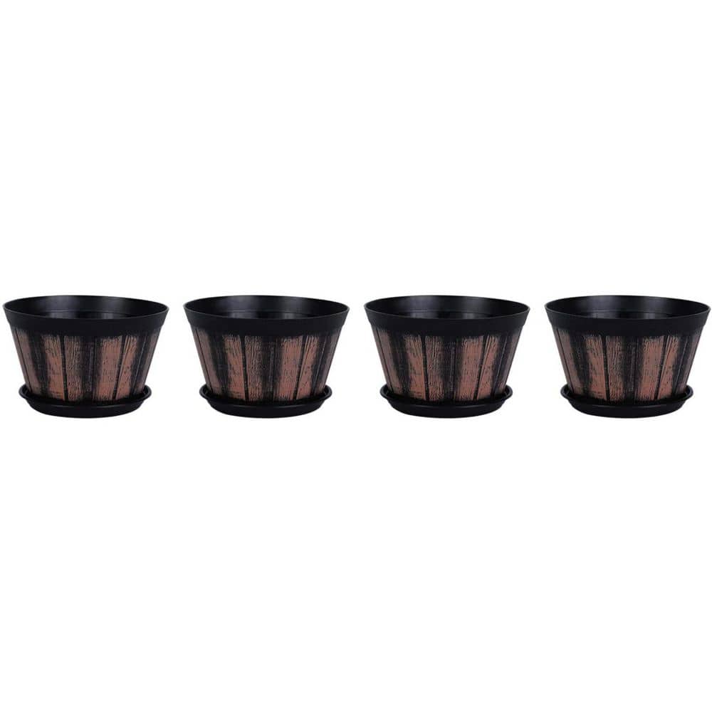8 in. Dia x 5 in. H Brown Large Plastic Whiskey Barrel Planters with Drainage Holes and Saucer for Outdoor Set of 4 price history on PriceWatchPro