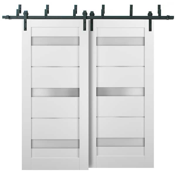 Sartodoors 48 in. x 80 in. 3 Lites Frosted Glass White Finished Wood MDF Bypass Sliding Barn Door with Hardware Kit
