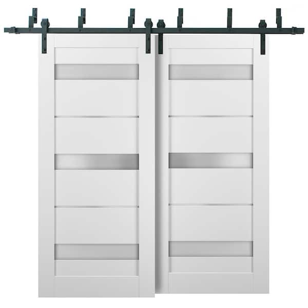 Sartodoors 84 in. x 84 in. 3-Panel 3 Lite Frosted Glass White Finished Solid Pine MDF Sliding Barn Door with Hardware Kit