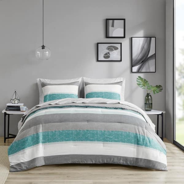 MADISON PARK ESSENTIALS Deacon Aqua/Grey Polyester Twin Stripe Comforter Set