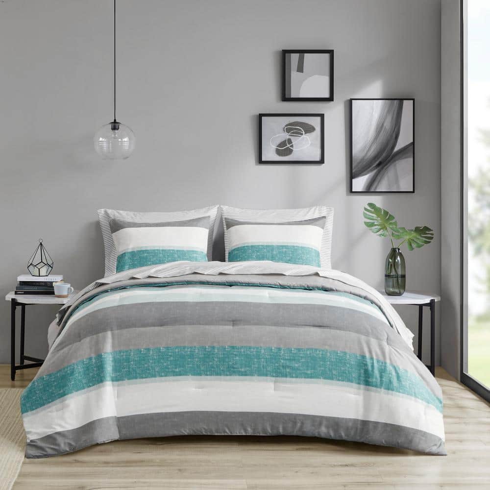 Aqua and Grey Reversible Microfiber Full Bedding Set