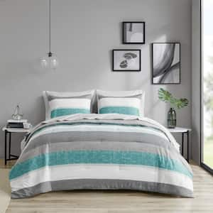 Deacon Aqua/Grey Polyester Full Stripe Comforter Set