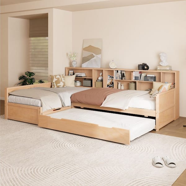 Ridley Beige Twin Size L-Shaped Daybed with Bookcase Headboard and Storage Drawer, Trundle, Natural