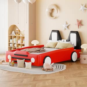 Red Twin Size PU Leather Race Car-Shaped Kid Bed with Wheels