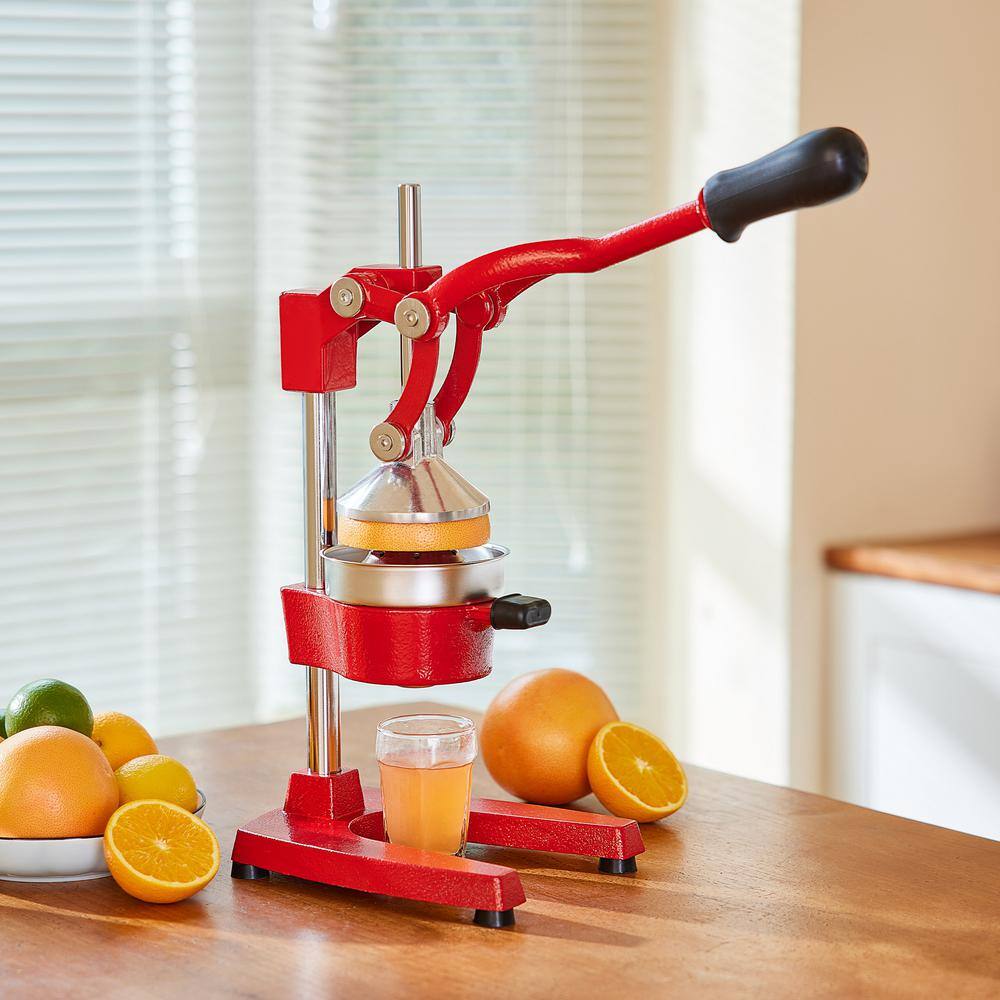 Red Cast Iron Hand Press Citrus Juicer with Stainless Steel Strainer