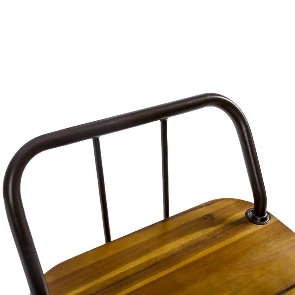 Rustic Metal & Teak Brown Acacia Wood Outdoor Barstool Set