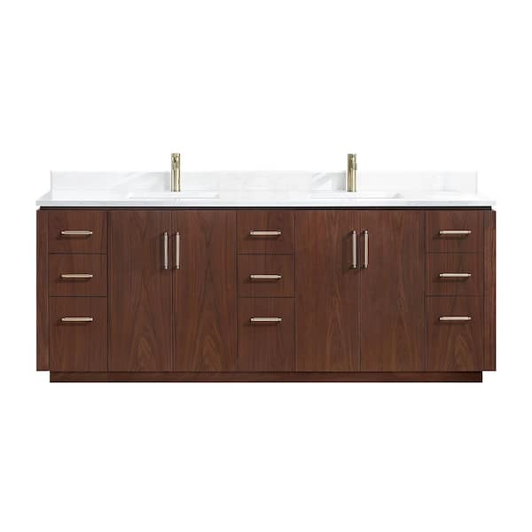 San 84 in.W x 22 in.D x 33.8 in.H Double Sink Bath Vanity in Natural Walnut with White Composite Stone Top