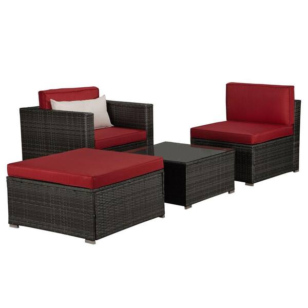 Tidoin Brown 4-Piece Wicker Outdoor Garden Patio Furniture Sectional Sofa Sets with Red Cushion and Beige Pillow