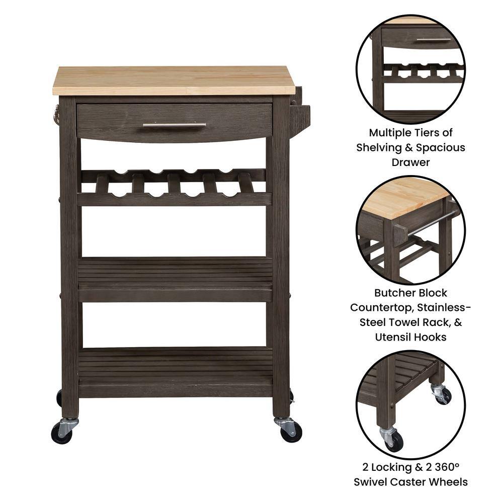 Gray Rubberwood Butcher Block Kitchen Cart with Wine Rack
