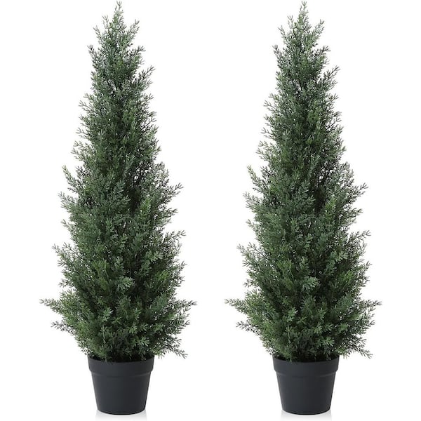 Unbranded 3 ft. Green Artificial Cedar Topiary Trees for Outdoors Potted Fake Cypress Trees (Set of 2)