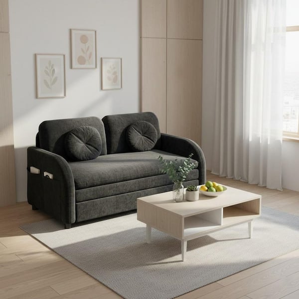 YONOF 52.4 in. Ebony Black 3-in-1 Chenille Full Size Convertible Pull-Out Sofa Bed w/ USB Port and Side Storage Pockets