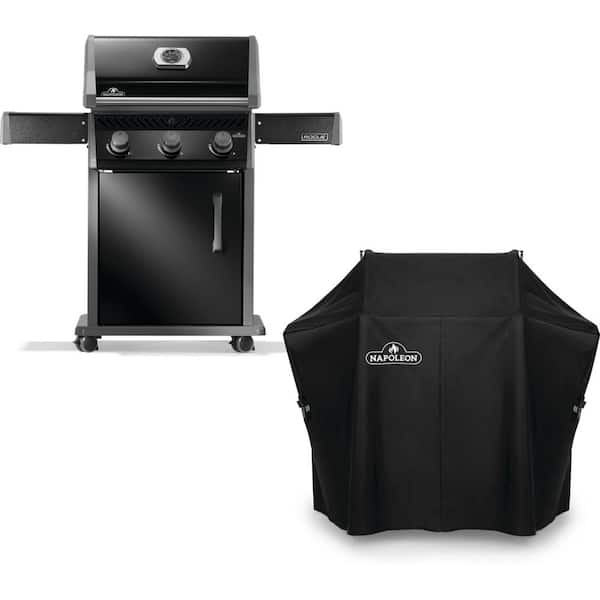 Rogue 425 3-Burner Propane Gas Grill in Black with Cast Iron Cooking Grids with Grill Cover