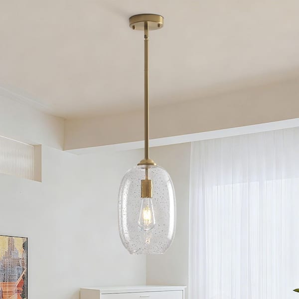 60-Watt 1-Light Gold Oval Pendant Light with Clear Seed Glass, No Bulbs Included