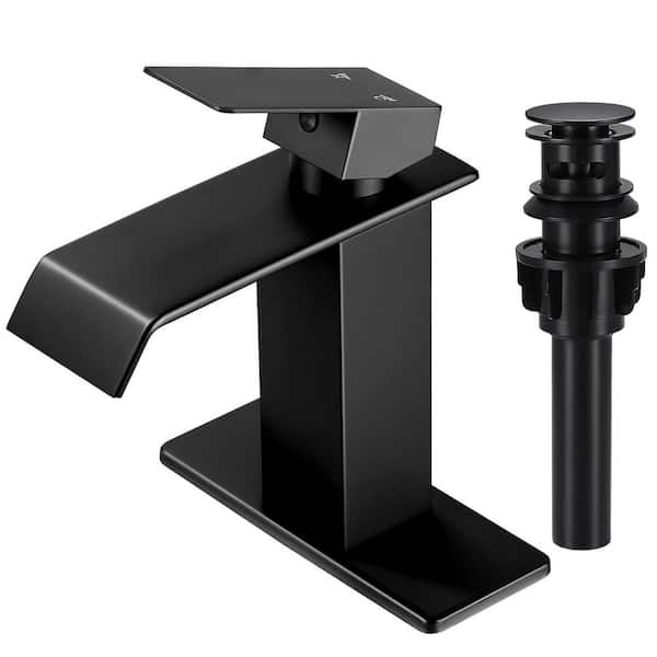 Waterfall Spout Single Handle Single Hole Bathroom Faucet with Deckplate and Pop-Up Drain in Matte Black