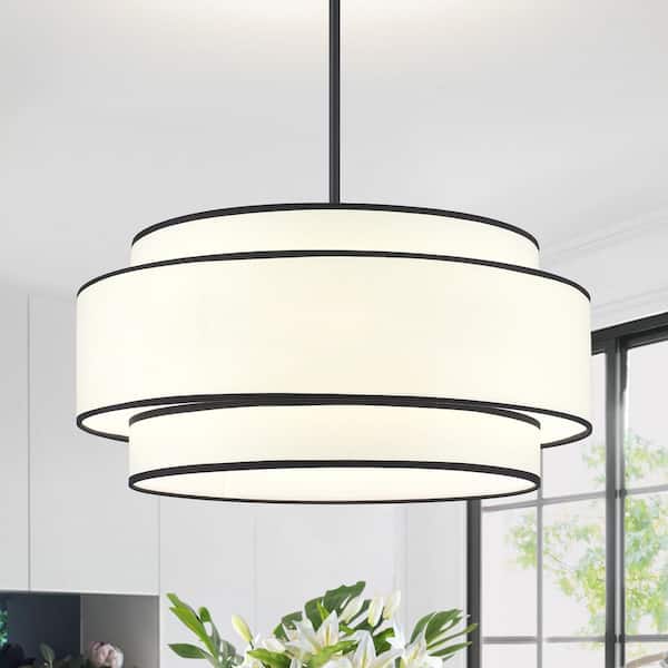 6-Light Black Double Shaded Drum Chandelier with White Fabric Shade