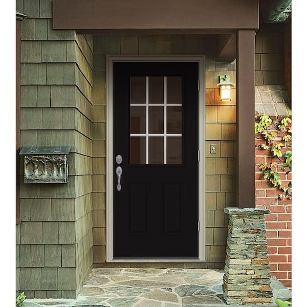 36 in. x 80 in. 9 Lite Black Painted Steel Prehung Left-Hand Outswing Entry Door w/Brickmould