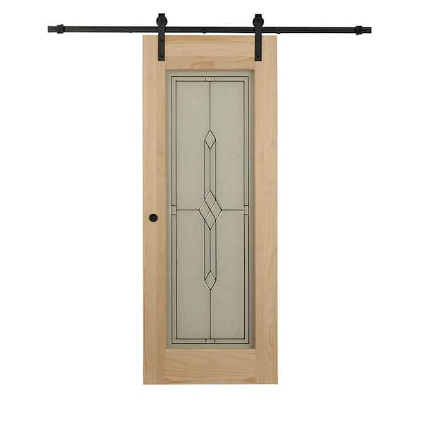 Pinecroft 32 in. x 84 in. Timber Hill Diamond Frost Glass and Unfinished Pine Wood Sliding Barn Door Slab with Hardware Kit